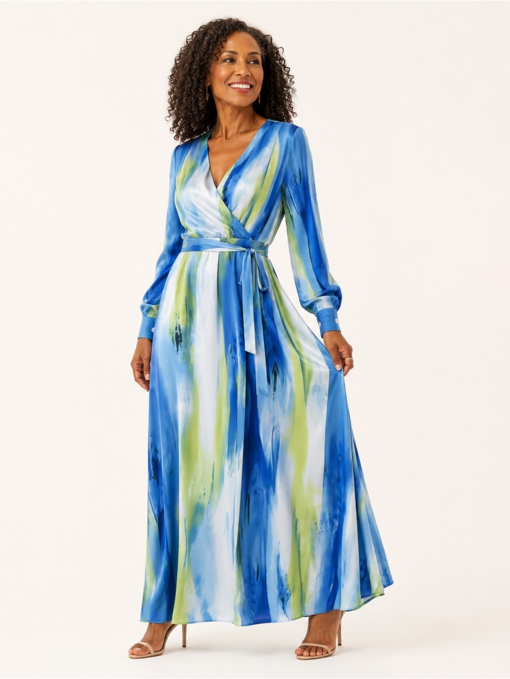Gracia Vibrant Blue and Green Long Sleeve Dress